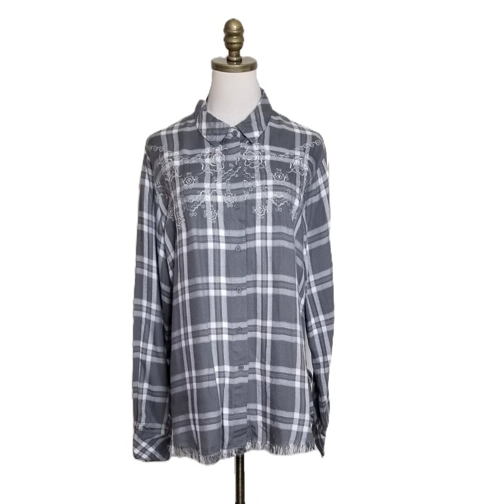 Sheryl Crow Embroidered Western Shirt Size M Gray White Plaid Fringe Hem Dressy